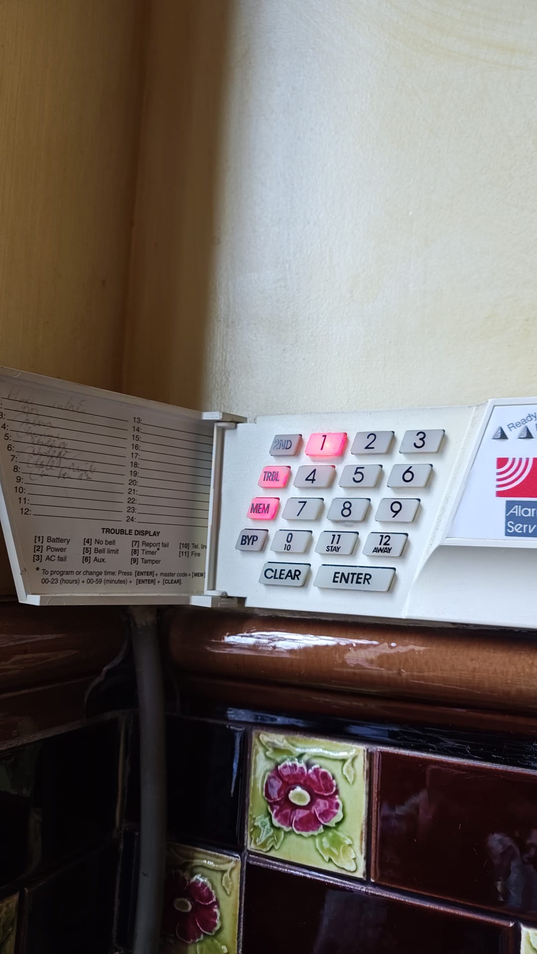 Clavier numérique alarme Alarme Service avec touches TRBL MEM allumées en rouge — défauts multiples