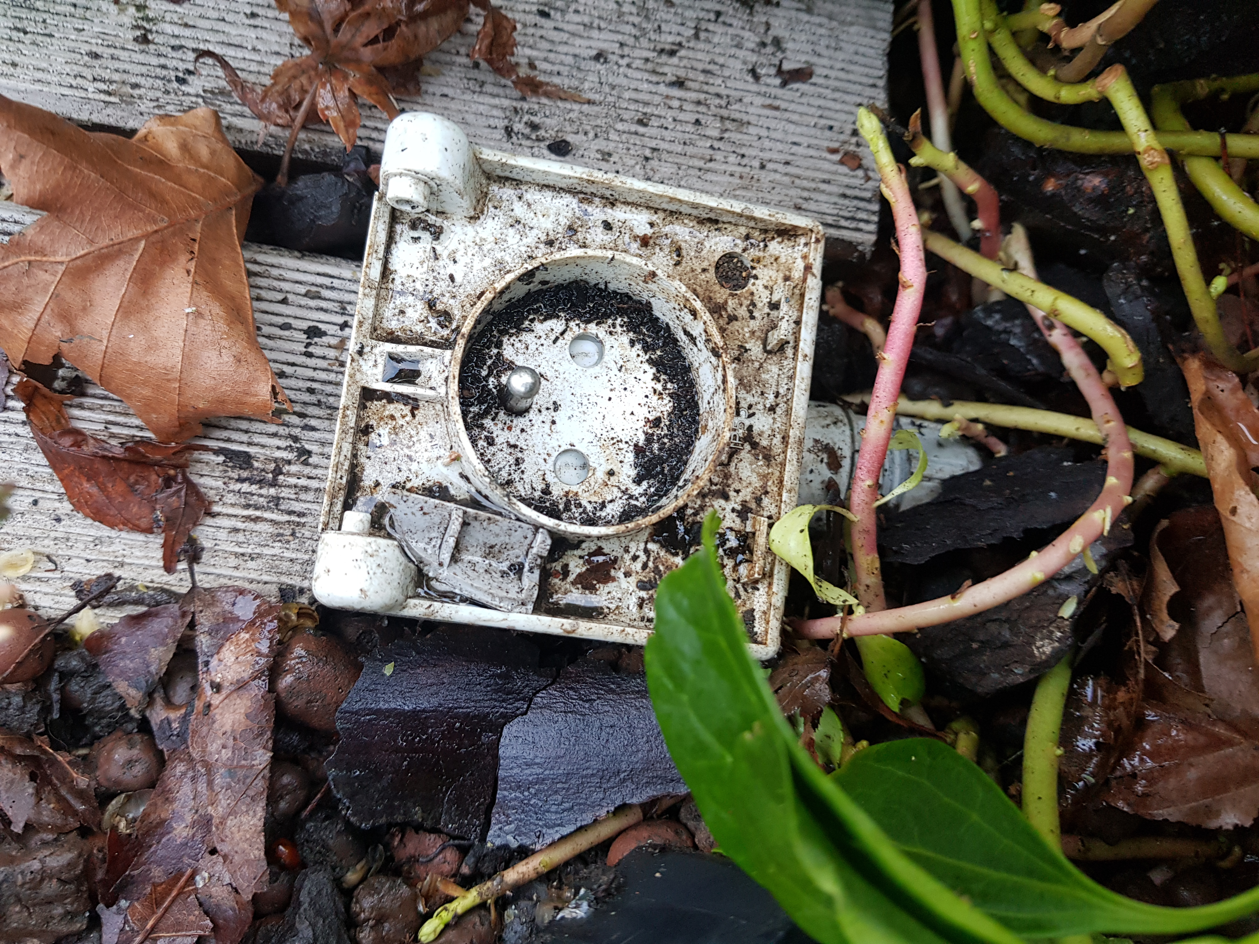 Prise électrique extérieure corrodée et sans capot trouvée dans un jardin — cause du déclenchement différentiel ELECOMM